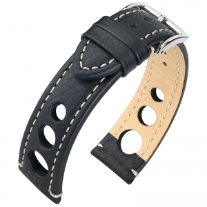 Hirsch Rally Artisan Perforated Watch Band Black White Stitching