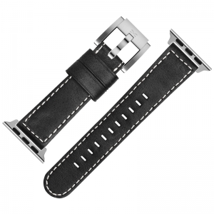 Watch Strap for Apple Watch Black Leather White Stitching 22mm