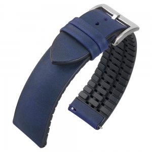 Blue Vintage Leather on Black Rubber Watch Strap
