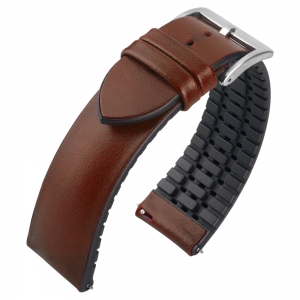 Brown Leather on Black Rubber Watch Strap