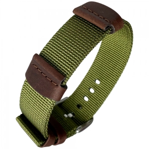 Hirsch Rebel Watch Strap Nylon / Saddle Leather NATO Style Green