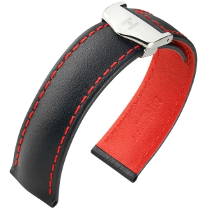 Hirsch Speed Watch Strap for TAG Heuer Folding Clasp Calf Skin Black with Red Stitching