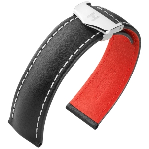 Hirsch Speed Watch Strap for TAG Heuer Folding Clasp Calf Skin Black with White Stitching