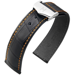 Hirsch Voyager Watch Strap for Omega Folding Clasp Louisiana Alligator Skin Black Orange Stitching