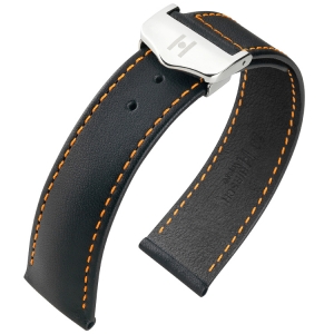 Hirsch Voyager Watch Strap for Omega Folding Clasp Italian Calf Skin Black Orange Stitching
