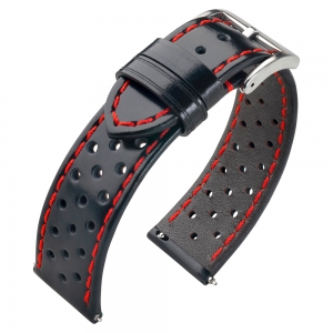 Rally Watch Strap Perforated Calf Skin Black - Red Stitching