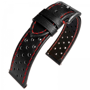 Rally Watch Strap Perforated Calf Skin Black - Red Stitching