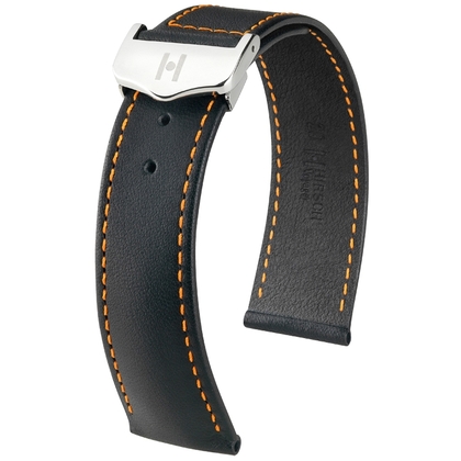 Hirsch Voyager Watch Strap for Omega Folding Clasp Italian Calf Skin Black Orange Stitching