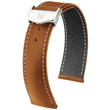 Hirsch Voyager Watch Strap for Omega Folding Clasp Italian Calf Skin Golden Brown White Stitching