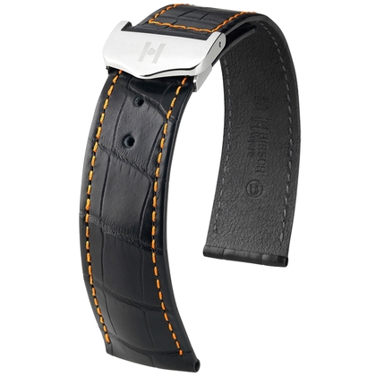 Hirsch Voyager Watch Strap for Omega Folding Clasp Louisiana Alligator Skin Black Orange Stitching