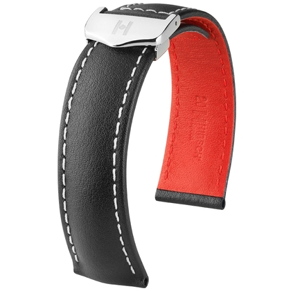 Hirsch Speed Watch Strap for TAG Heuer Folding Clasp Calf Skin Black with White Stitching