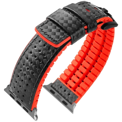 Apple Watch Strap Hirsch Ayrton Black Leather/Red Rubber