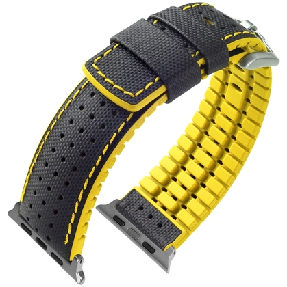 Apple Watch Strap Hirsch Robby Black Leather Yellow Rubber