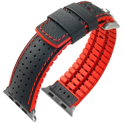 Apple Watch Strap Hirsch Robby Black Leather Red Rubber