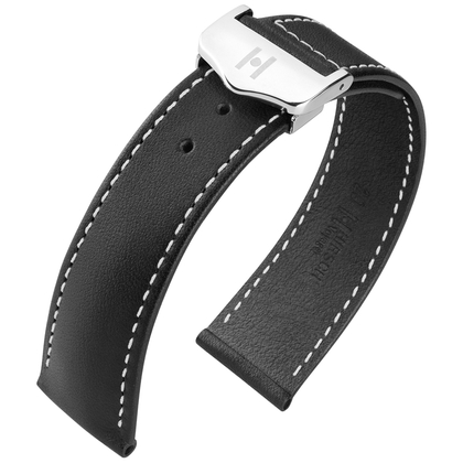 Hirsch Voyager Watch Strap for Omega Folding Clasp Italian Calf Skin Black White Stitching