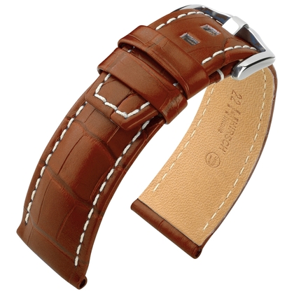 Hirsch Tritone Watch Strap Nile Crocodile Skin Semi-Matte Golden Brown White Stitching