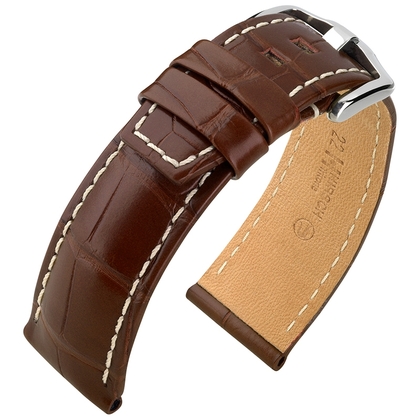 Hirsch Tritone Watch Strap Nile Crocodile Skin Semi-Matte Brown White Stitching