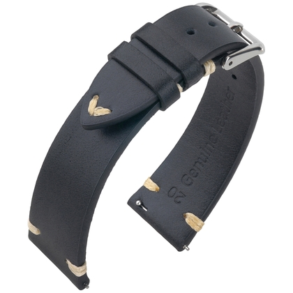 Oily Leather Vintage V-Stitch Watch Strap Black
