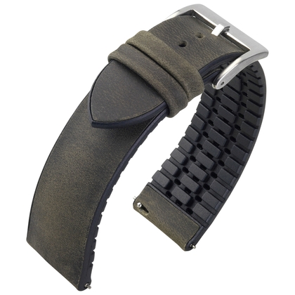 Green Vintage Leather on Black Rubber Watch Strap