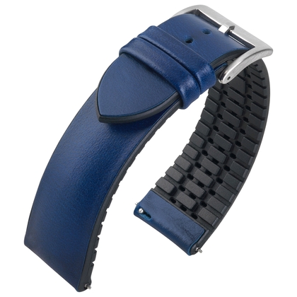 Blue Leather on Black Rubber Watch Strap