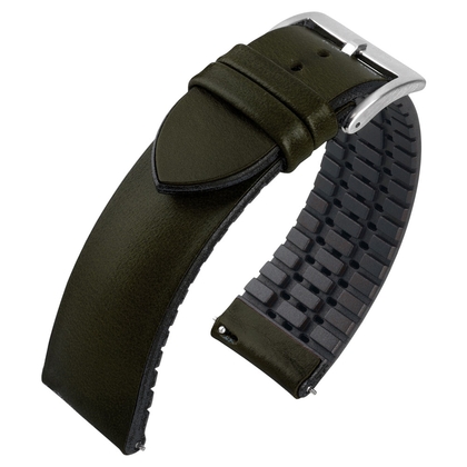 Dark Green Leather on Black Rubber Watch Strap