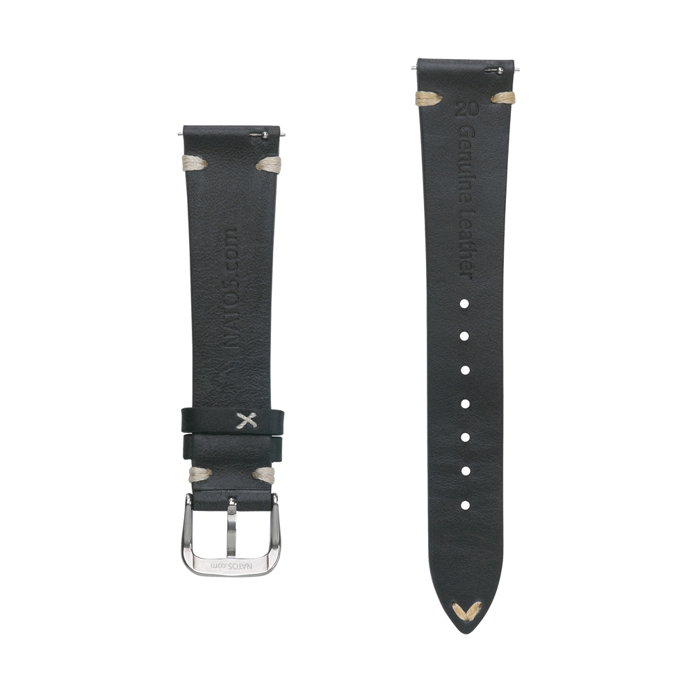 Oily Leather Vintage V-Stitch Watch Strap Black