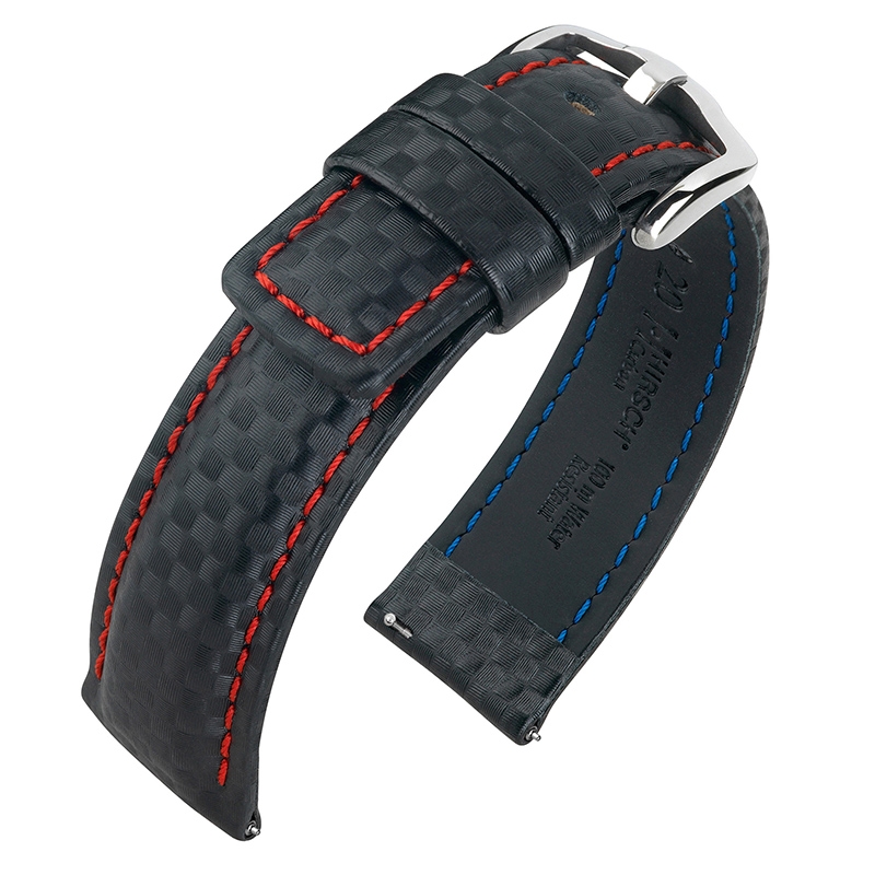 Hirsch Carbon Watch Band 100 m Water-Resistant Black with Red Stitching