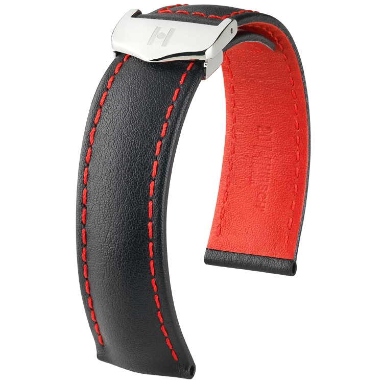 Hirsch Speed Watch Strap for TAG Heuer Folding Clasp Calf Skin Black with Red Stitching