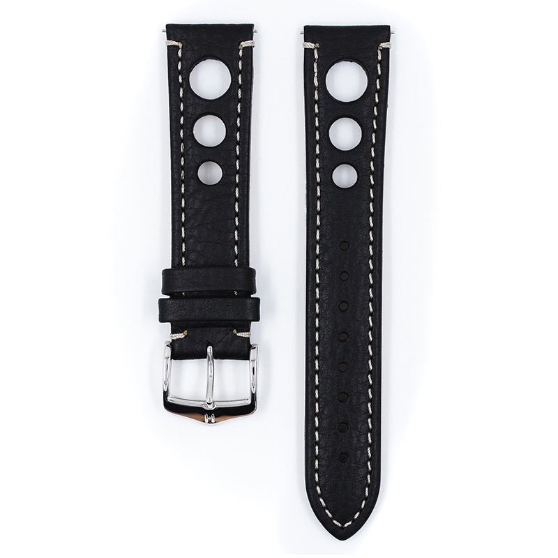 Hirsch Rally Artisan Perforated Watch Band Black White Stitching