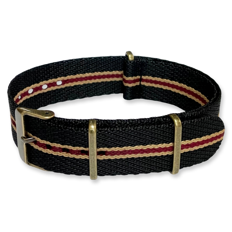 Slanted Black Sand Burgundy NATO G10 Military Nylon Strap - BRONZE 22mm