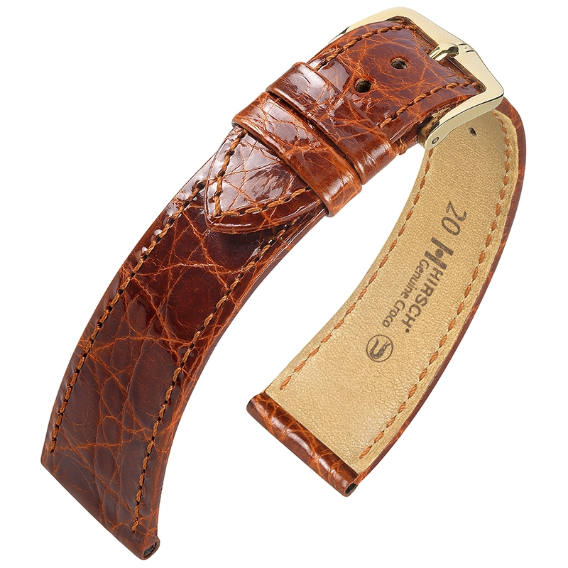 Hirsch Genuine Croco Watch Band Crocodile Skin Shiny Golden Brown