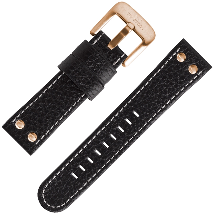 TW Steel Universal Watch Strap Black Leather Rosegold Studs 24mm