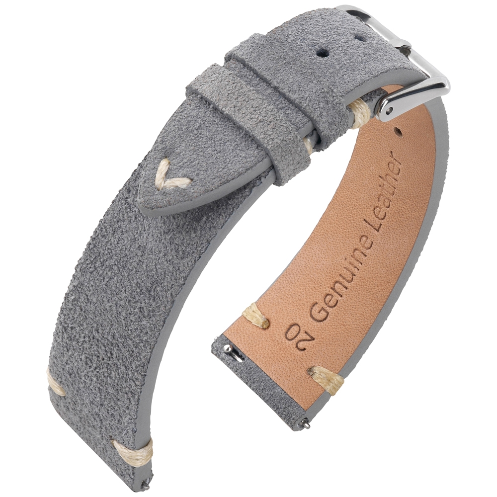 Suede Leather Vintage V-Stitch Watch Strap Gray