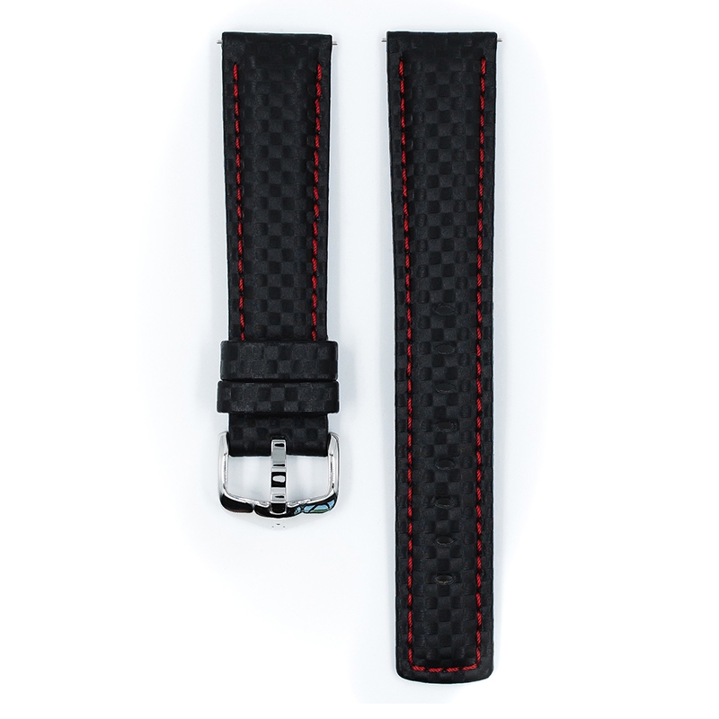 Hirsch Carbon Watch Band 100 m Water-Resistant Black with Red Stitching